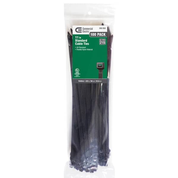 Commercial Electric 11in Standard 50lb Tensile Strength UL 21S Rated Cable Zip Ties 100 Pack UV (Black)