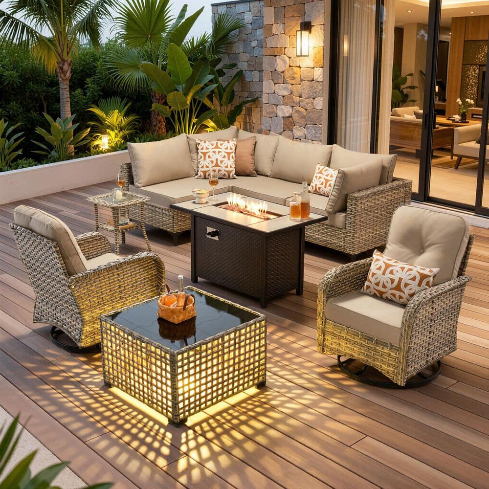OVIOS Holly Gray 9-Piece Wicker Patio Rectangle Fire Pit