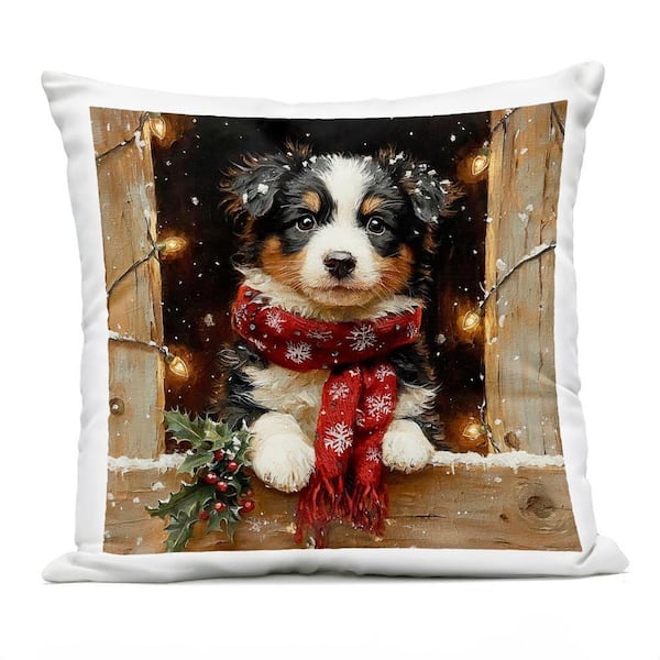 Snowy Christmas Lights Puppy Brown Square Outdoor Throw Pillow