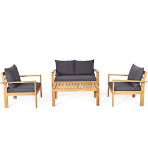 4-Piece Acacia Wood Patio Conversation Set with Water Resistant Gray Cushions