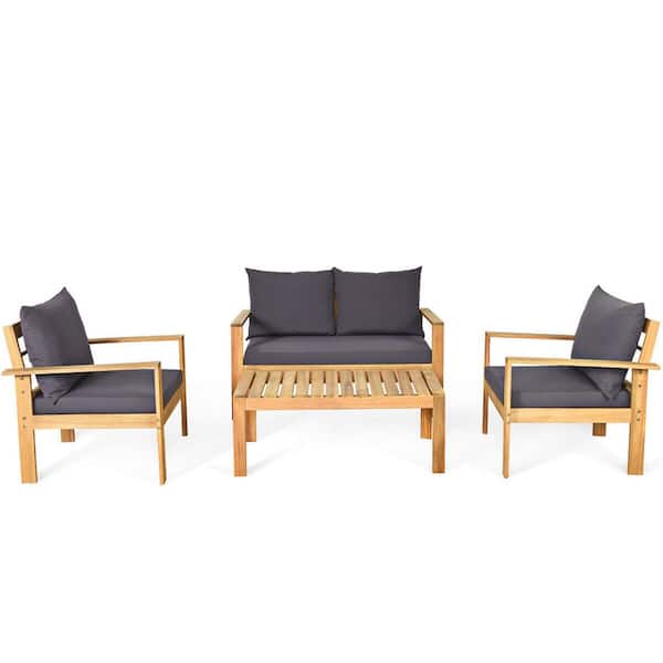SUNRINX 4-Piece Acacia Wood Patio Conversation Set with Water Resistant Gray Cushions