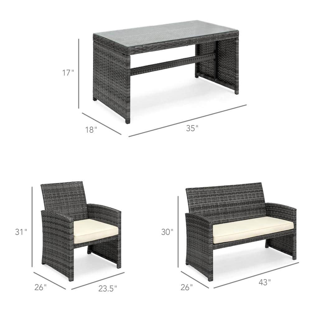 Gray 4-Piece Wicker Patio Furniture Set with Cushions and Glass Table