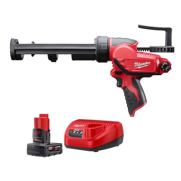 Milwaukee M12 12V Lithium-Ion Cordless 10 oz. Adhesive and Caulk Gun with XC Battery Pack 4.0 Ah and Charger Starter Kit