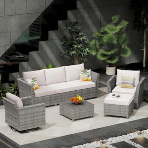Bexley Gray 7-Piece Wicker Patio Conversation Seating Set with Fine-Stripe Beige Cushions and Swivel Chairs
