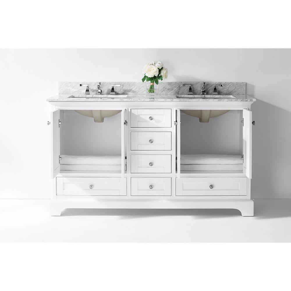 Audrey 60" White Wood Bathroom Vanity Set with Marble Top