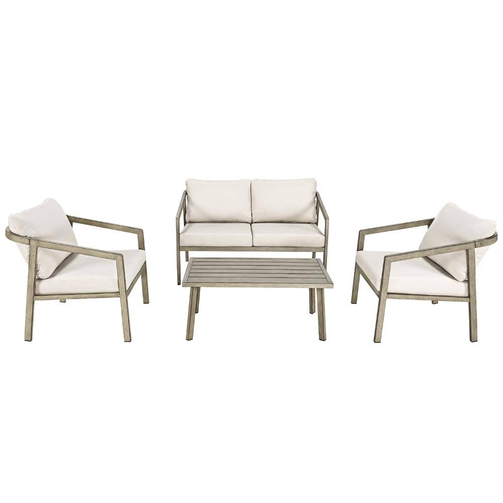 4 Piece Aluminum Patio Furniture Sectional Sofas Conversation Set with Outdoor Coffee Table, Gray Oak price history on PriceWatchPro