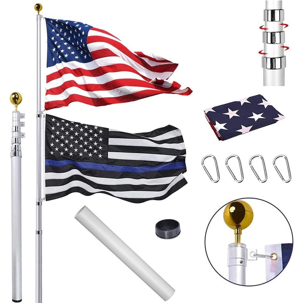 25 ft. Silver Telescoping Al Flagpole with US Flag and Ball