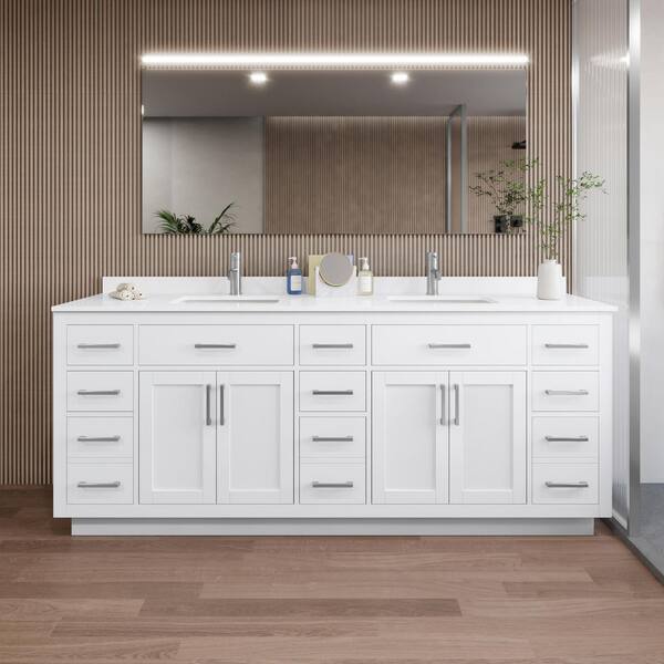 Wyndham Collection Beckett TK 84 in. W x 22 in. D x 35 in. H Double Sink Bath Vanity in White with Brushed Nickel Trim White Quartz Top