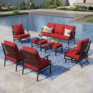 Black Meshed 9-Seat 7-Piece Metal Outdoor Patio Conversation Set with Red Cushions 2 Motion Chairs and 2 Ottomans