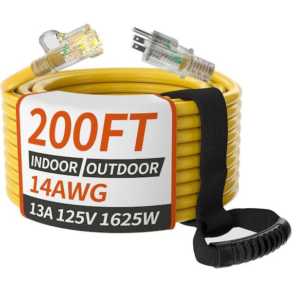 200 ft 14/3 Gauge Yellow Outdoor Extension Cord Waterproof with Lighted Indicator Cold Weatherproof -40°C Flexible