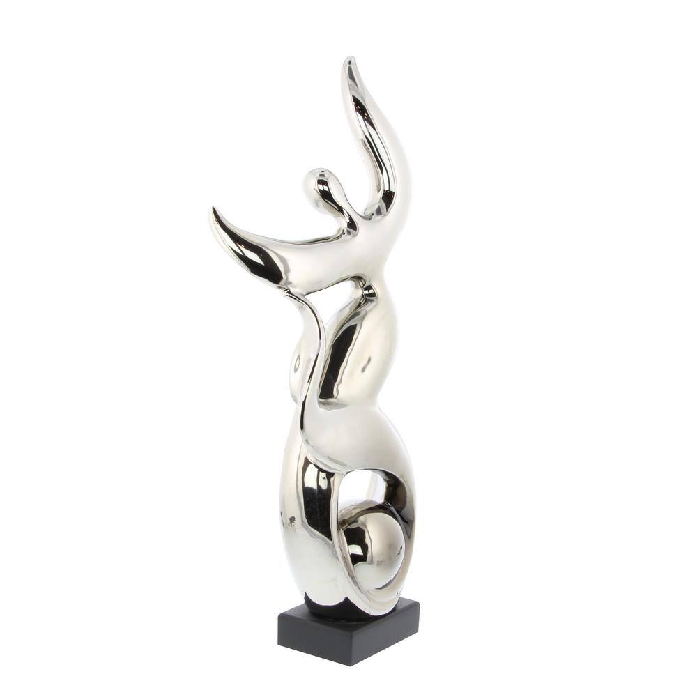 Silver Abstract Ceramic Dancer Statue with Black Base