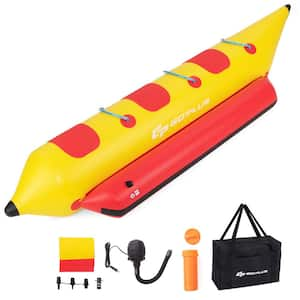 Red Plus Yellow 3-Person Inflatable Banana Boat with Boating and Water Sports Electric Air Pump