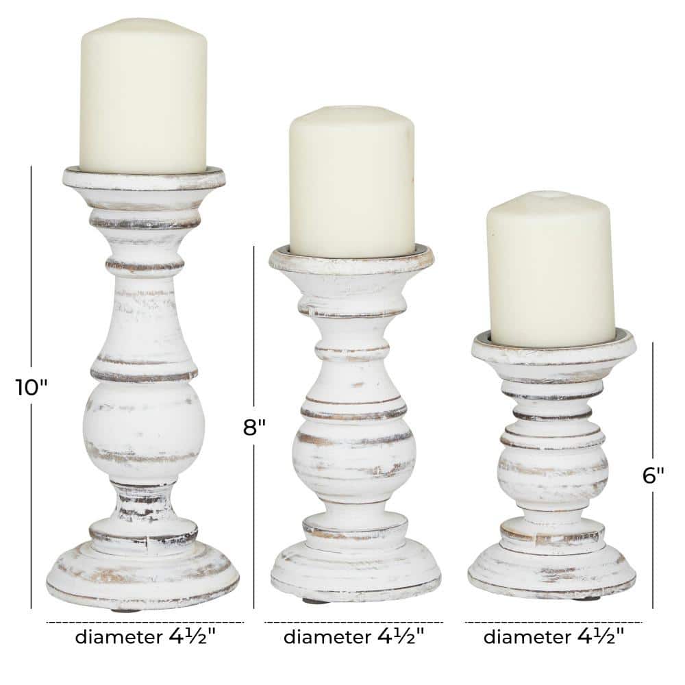 Set of 3 White Distressed Wood Pillar Candle Holders