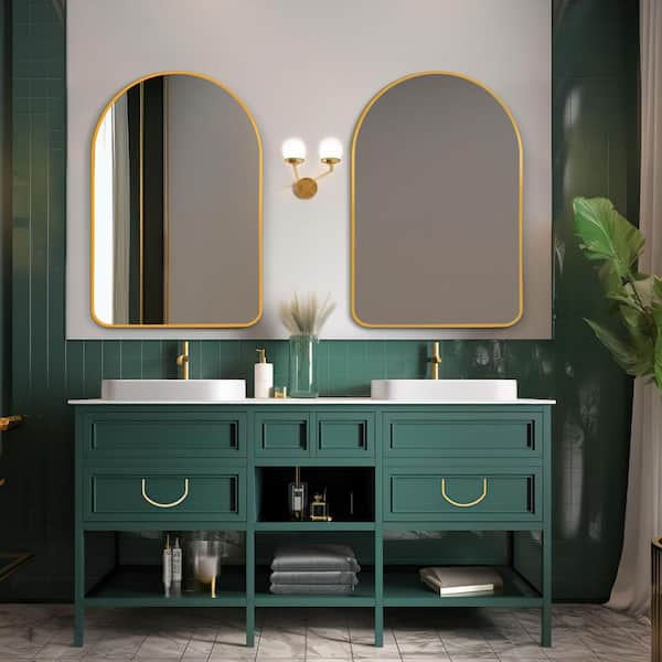Lirago 24 in. W x 36 in. H Arch Wall Mirror for Bathroom with Metal Frame Round Corner for Wall Decoration in Gold, Set of 2