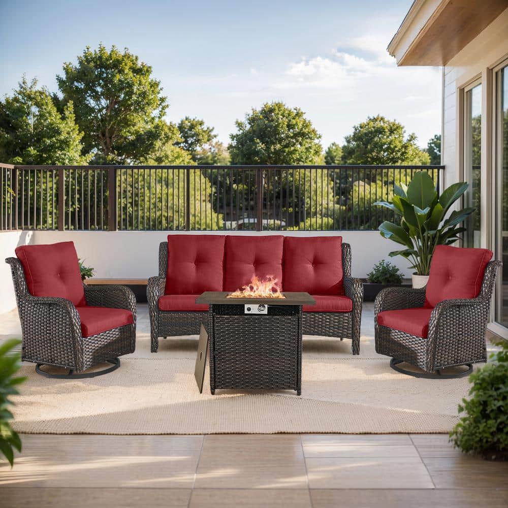 Arcline 4-Piece Brown Wicker Fire Pit Conversation Set with Olefin Red Cushions and 2 Swivel Glider Chairs and Sofa price history on PriceWatchPro