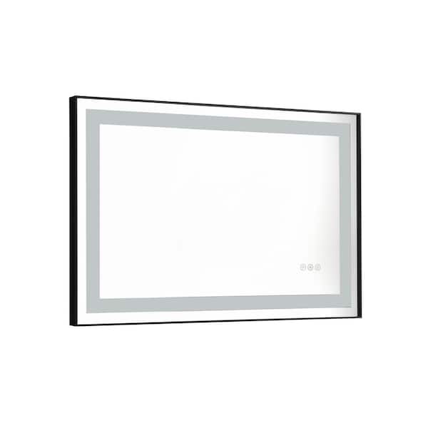 FORCLOVER 36 in. W x 24 in. H Rectangular Framed Anti-Fog Dimmable LED Wall Mounted LED Bathroom Vanity Mirror in Black