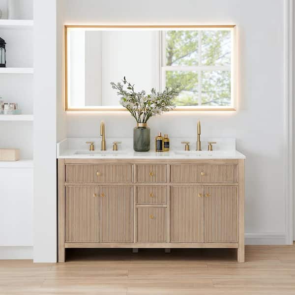 Altair Cerrito 60" Double Sink Freestanding Nature Oak Bath Vanity with Grain White Engineered Stone Top Assembled and Mirror
