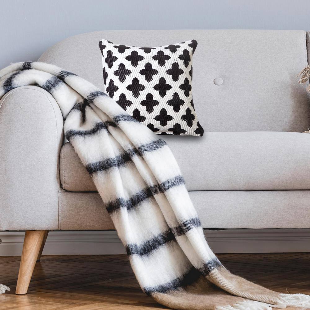 Sevita 20" Square White and Black Woven Geometric Throw Pillow