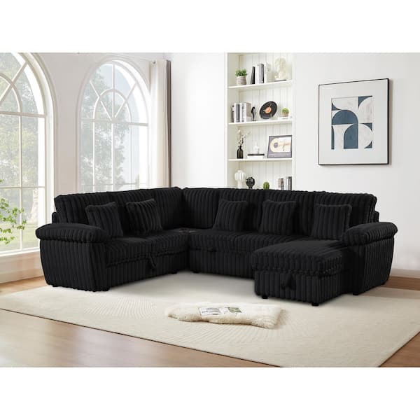 Diana 110.2 in. Corduroy U-Shaped Sectional Sofa in Black with Pull Out Bed, Corner Table, Cup Holder, USB Port