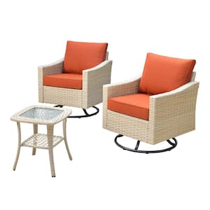 Oconee Beige 3-Piece Wicker Outdoor Patio Conversation Swivel Rocking Chair Set with Orange Red Cushions