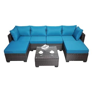Brown 7-Piece Sturdy Metal Frame PE Wicker Outdoor Sectional Set Sofa Set with Blue Cushions and Coffee Table