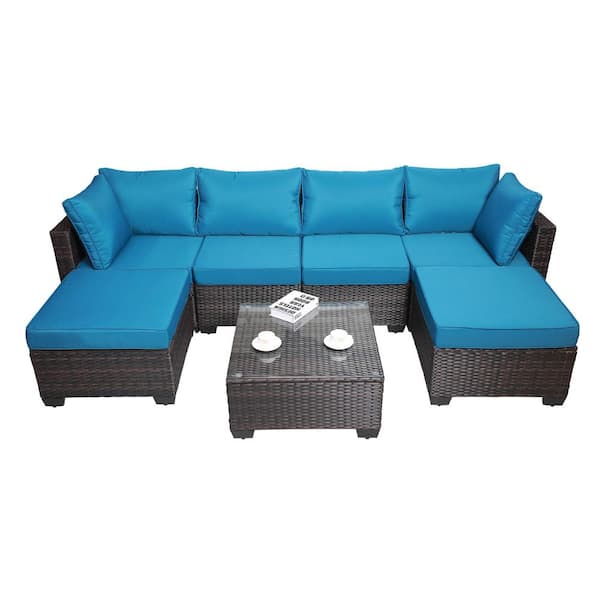 ITOPFOX Brown 7-Piece Sturdy Metal Frame PE Wicker Outdoor Sectional Set Sofa Set with Blue Cushions and Coffee Table