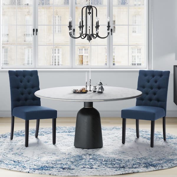 NINA Button Tufted Back Teal Linen Upholstered Dining Side Chair (Set of 2)