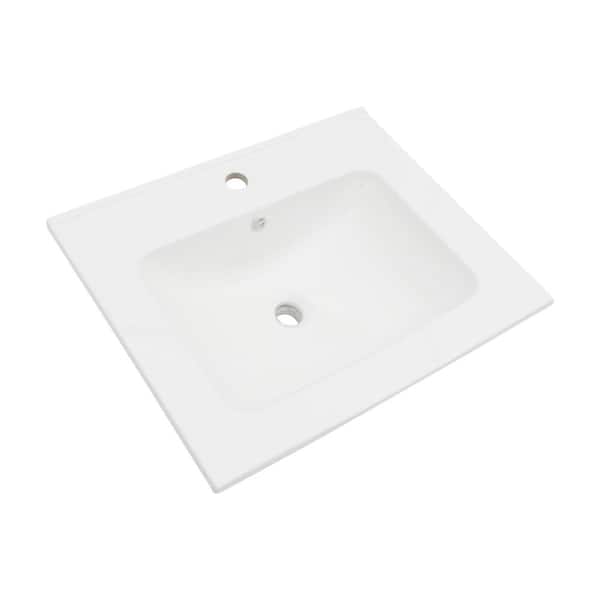 Logmey 24 in. W x 20 in. D Ceramic White Rectangular Single Sink Bathroom Vanity Top in White with 1-Faucet Hole