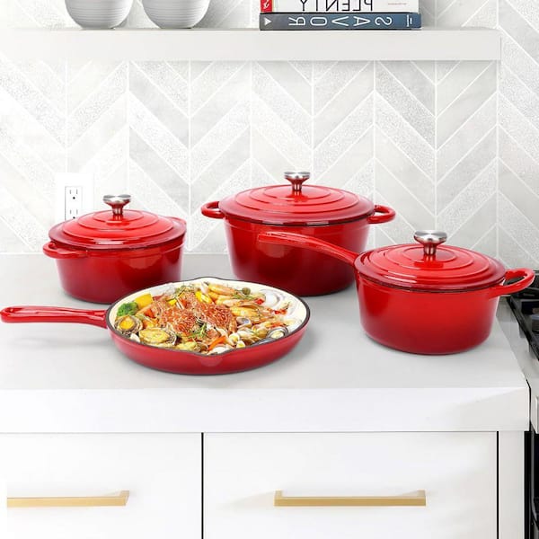 7-Piece Enameled Cast Iron Cookware Set Round Pots and Pans with Lid Hard-Coat Enamel for All Stovetops