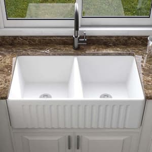 33 in. Farmhouse Double Bowl White Ceramic Kitchen Sink with Bottom Grids