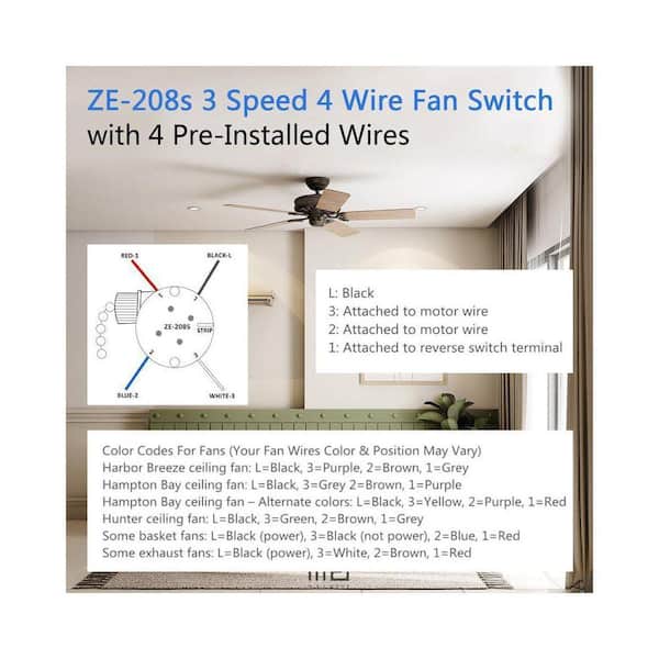 phyfalip Ceiling Fan Pull Chain Switch ZE-208s 3 Speed 4 Wire
