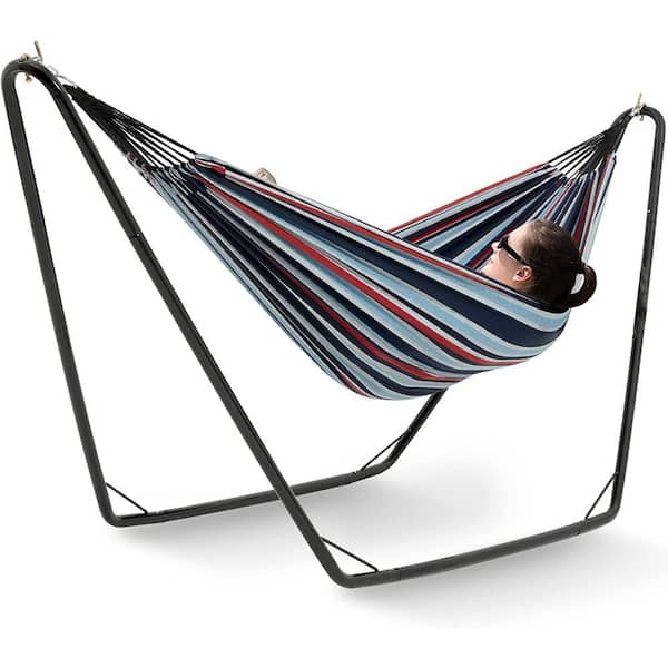 Unbranded 9 ft. Hammocks with Stand Included, Space Saving Steel V-Type for 2 Person, Standing Hammocks（ Blue）