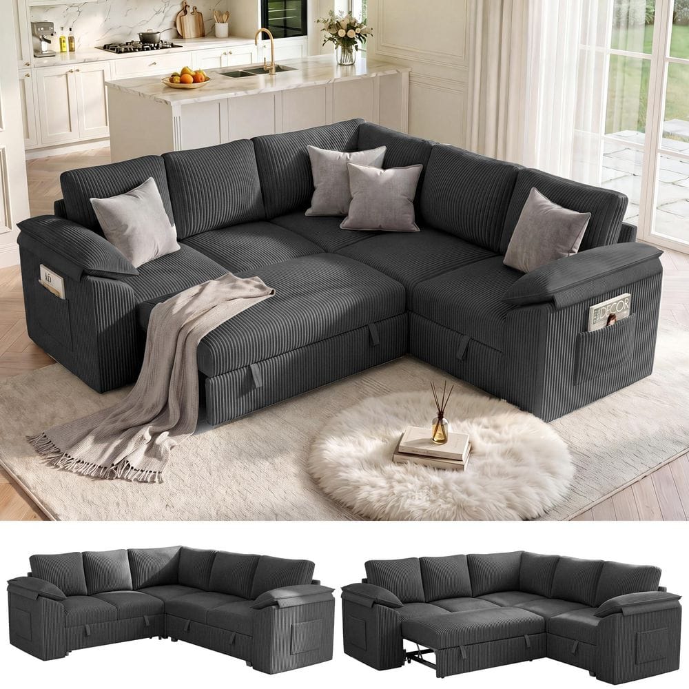 24 in. Arm Style Corduroy Modular Sofa in Gray with Storage Seats, Ottomans, Sleeper Sofa