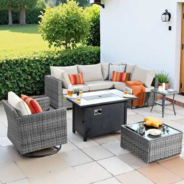 HOOOWOOO Messi Gray 8-Piece Wicker Outdoor Patio Conversation Sectional Sofa Fire Pit Set with a Swivel Chair and Beige Cushions