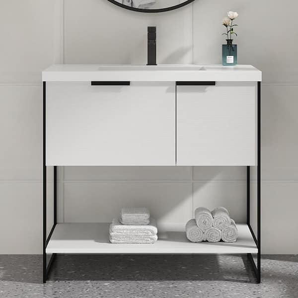 MYCASS Sugur 36 in. W x 18. in D. x 35 in. H Freestanding Bath Vanity Cabinet with Sink in White with White Resin Sink and Top