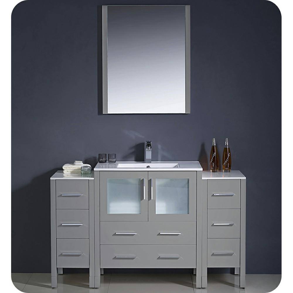 Gray Engineered Wood Modern Freestanding Vanity Base with Frosted Glass Doors
