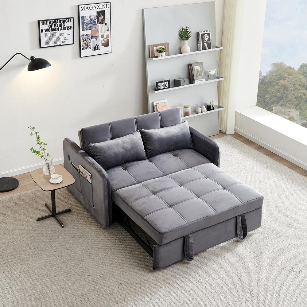 Harper & Bright Designs 55.5 in. Gray Soft Velvet Twin Size Tufted Sofa ...