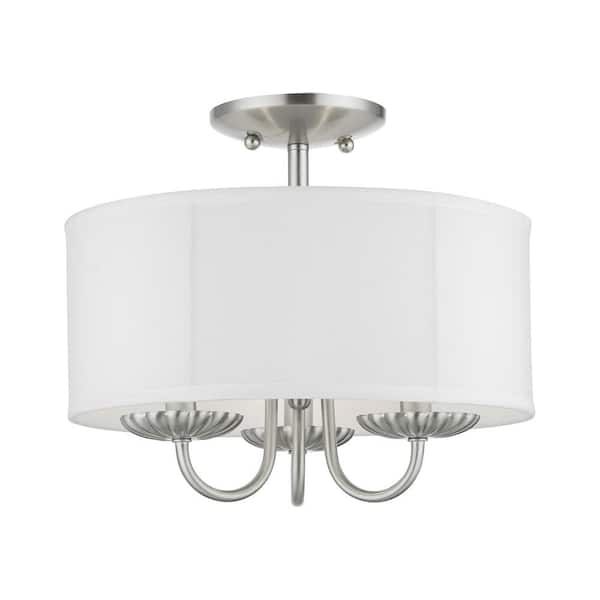 AVIANCE LIGHTING Dunnhaven 13 in. 3-Light Brushed Nickel Semi Flush Mount with Off-White Fabric Shade
