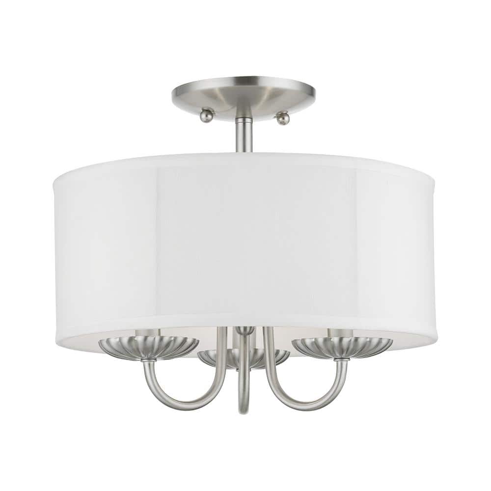 Transitional Brookdale Brushed Nickel 3-Light Semi-Flush Mount with Off-White Drum Shade