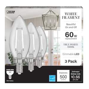 60-Watt Equivalent B10 E12 Candelabra Dim White Filament Clear Glass Chandelier LED Light Bulb True White 3500K (3-Pack)