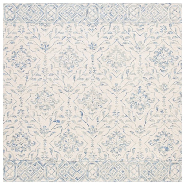 Dip Dye Light Blue/Ivory 8 ft. x 8 ft. Border Floral Medallion Square Area Rug