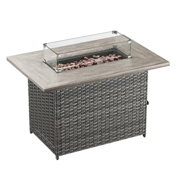 Gray 41in. Wicker Rectangular Outdoor Gas Fire Pit Table with 50000 BTU Propane Natural Gas, Glass Wind Guard
