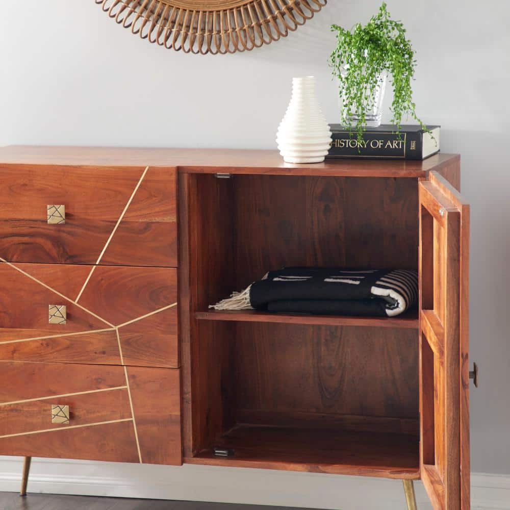 Brown and Gold Metal Wood Buffet with 3 Drawers and 2 Doors