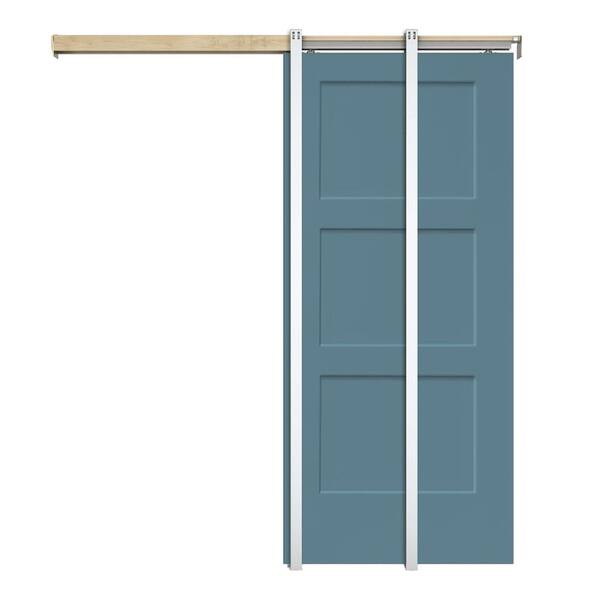 CALHOME 30 in x 80 in Dignity Blue Painted Composite MDF 3PANEL Equal Style Sliding Door with Pocket Door Frame and Hardware Kit