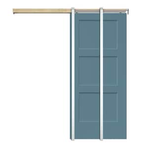 30 in x 80 in Dignity Blue Painted Composite MDF 3PANEL Equal Style Sliding Door with Pocket Door Frame and Hardware Kit