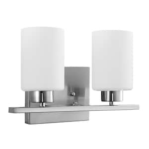 13 in. 2-light Brushed Nickel Modern Cylinder Wall Bathroom Vanity Light with Frosted Glass Shade