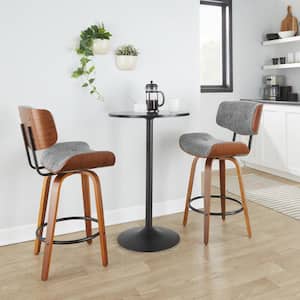 Lombardi 26.75 in. Grey Noise Fabric, Walnut Wood and Black Metal Fixed-Height Counter Stool Round Footrest (Set of 2)