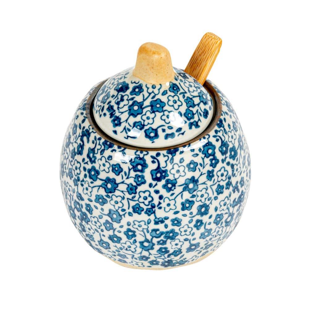 Hand-Painted Blue Floral Stoneware Sugar and Creamer Set