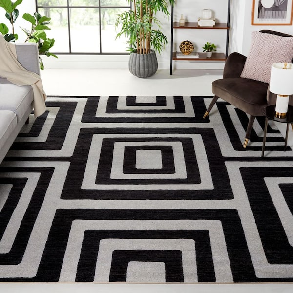 Santa Fe 6 ft. x 9 ft. Silver/Black Modern Concentric Squares Area Rug
