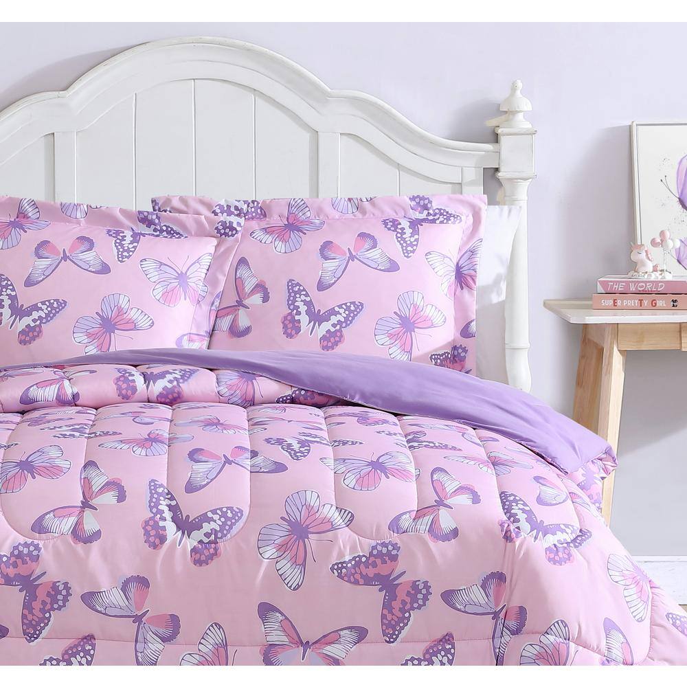Pink and Purple Butterfly Twin Microfiber Comforter Set